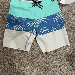 Billabong Green and Blue Board Shorts with Tropical Print